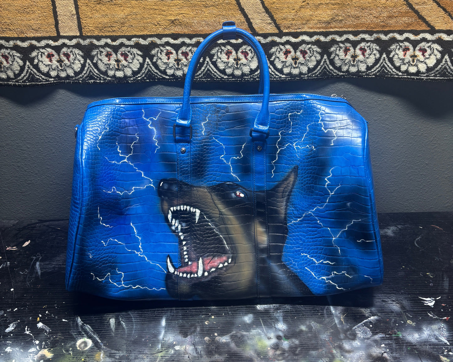 1of1 VEEZE Doberman Blue Airbrushed Lightning Duffle Bag