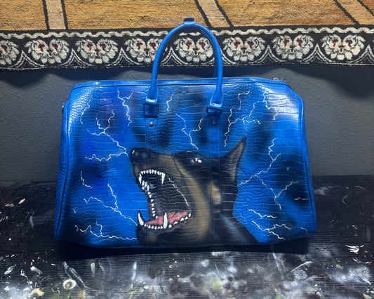 1of1 VEEZE Doberman Blue Airbrushed Lightning Duffle Bag