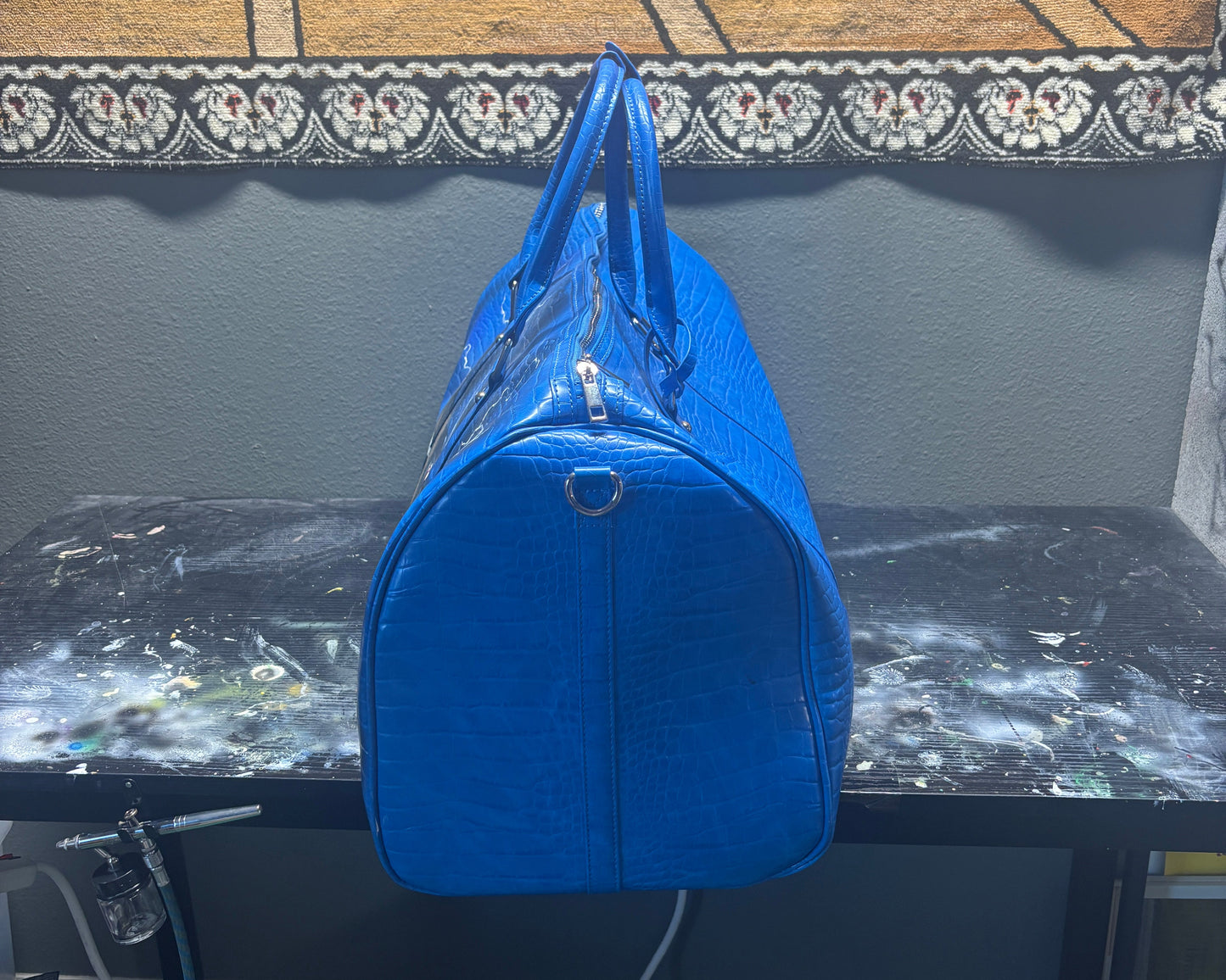 1of1 VEEZE Doberman Blue Airbrushed Lightning Duffle Bag